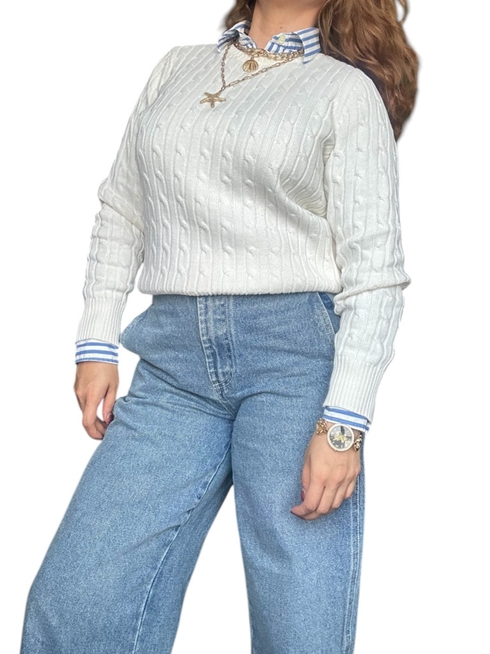 St John’s Bay Cotton Classic Cream Cable Knit Sweater - Small - Picture 2 of 6